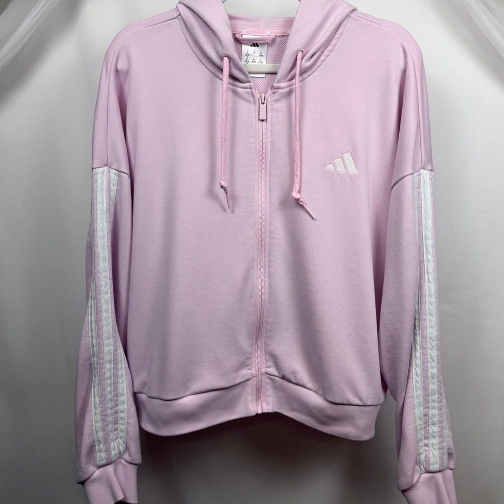 Adidas Womens XL Pink 3-Stripe Full Zip French Terry Hoodie Sweatshirt
